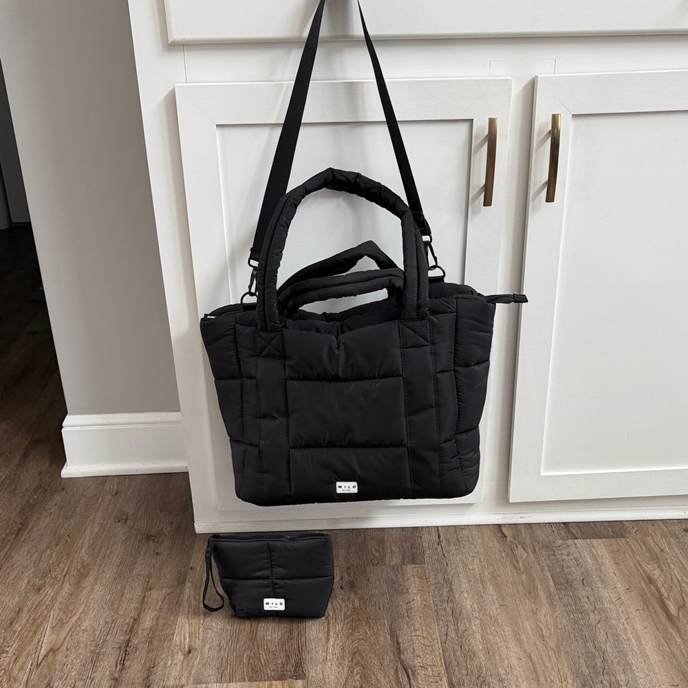 Elegant Black Quilted Tote Bag with Pouch